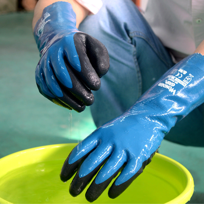 Nitrile Dipped Long Sleeve Water And Oil Resistant Work Gloves 