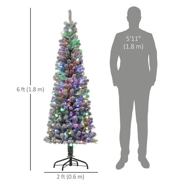 6ft Prelit Pencil Artificial Christmas Tree, Flocked Xmas Tree With Remote, Dual Colour LEDs, 429 Tips, Metal Stand EX-STOCK Canada 
