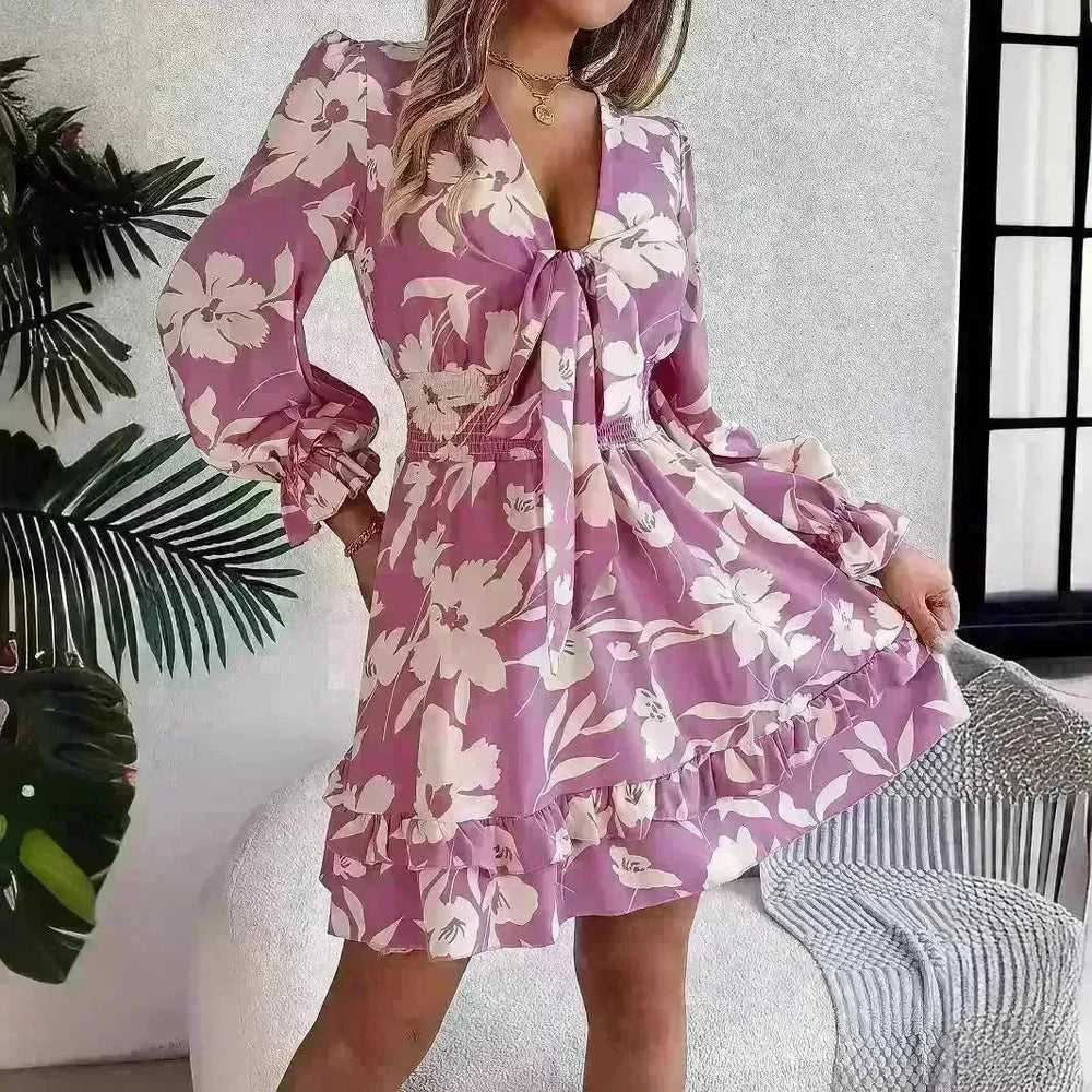 New Floral Printed V-Neck Long Sleeve Dress Fashion Ruffles Bowknot A-Line Short Mini  Skater Dress Women's Clothing - EX-STOCK CANADA