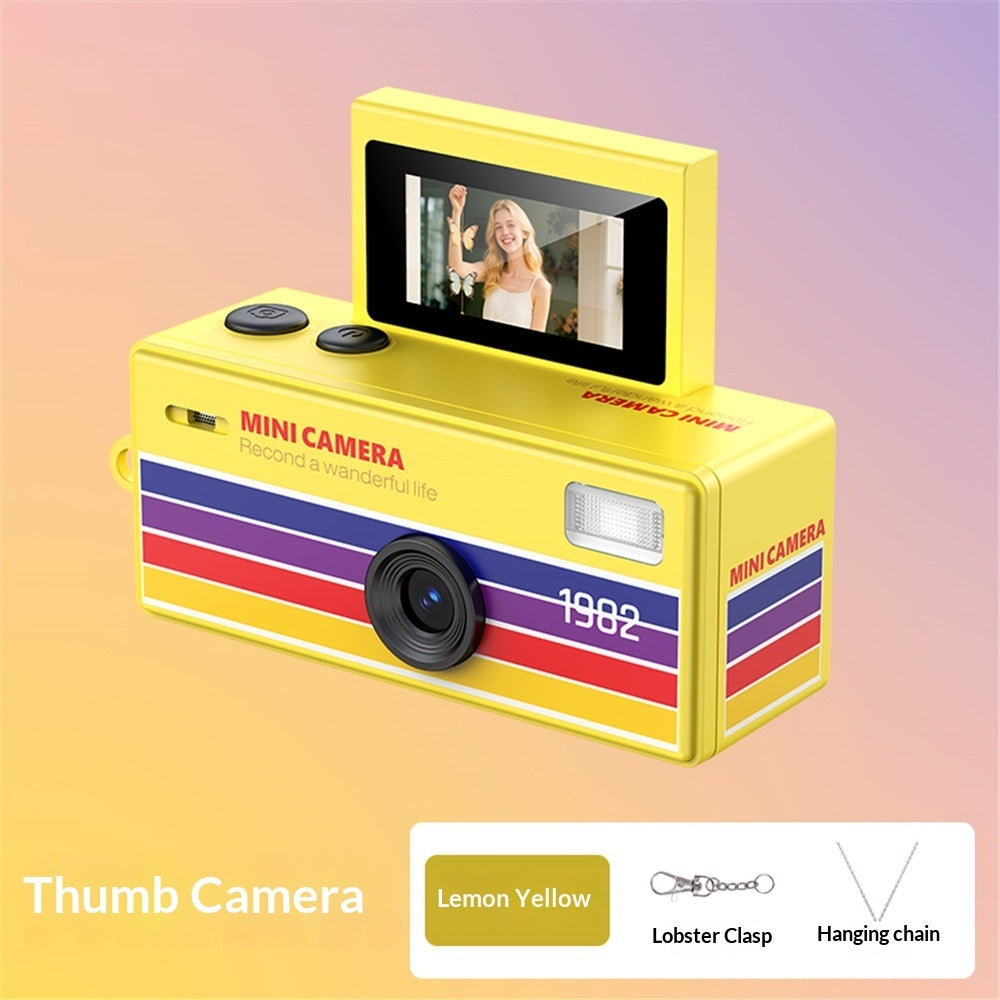 Yellow mini camera with a screen on a gradient background
