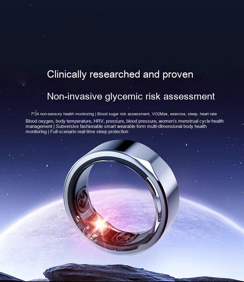 Smart ring with text about non-invasive glycemic risk assessment on a space-themed background