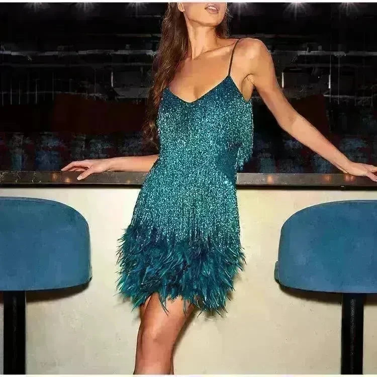 Elegant Chic Spaghetti Strap Luxury Tassel Sequins Feather Women’s Mini Dress for Evening Party, Cocktail Wedding Guest. - EX-STOCK CANADA