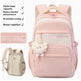 A pastel pink and cream multi-layer school backpack shown on a white background, with feature callouts on the left and a smaller alternate view of the bag at lower left. The main bag has a front zip pocket, padded shoulder straps, and a small plush keychain charm.