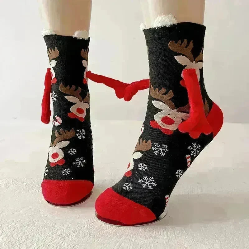 Christmas Magnetic Socks Cute Elk Santa Claus Snowman Hand-holding Socks For Couple - EX-STOCK CANADA