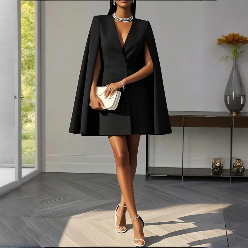 Women's Elegant Solid Color V Neck Double-Breasted Cape Blazer Dress Spring & Summer Party Banquet Outfit EX-STOCK