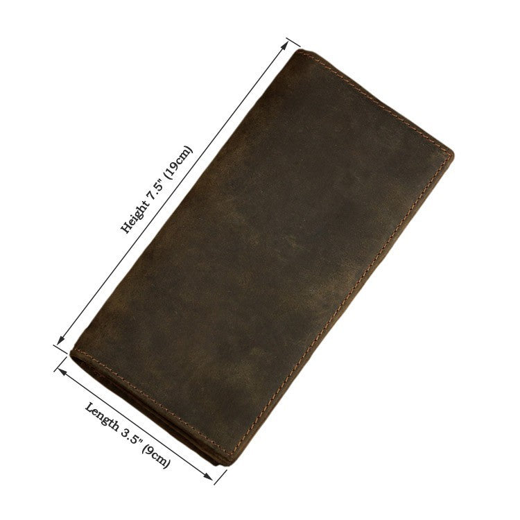 Men's Dark Brown Crazy Horse Leather Long Wallet, 19 × 9 cm