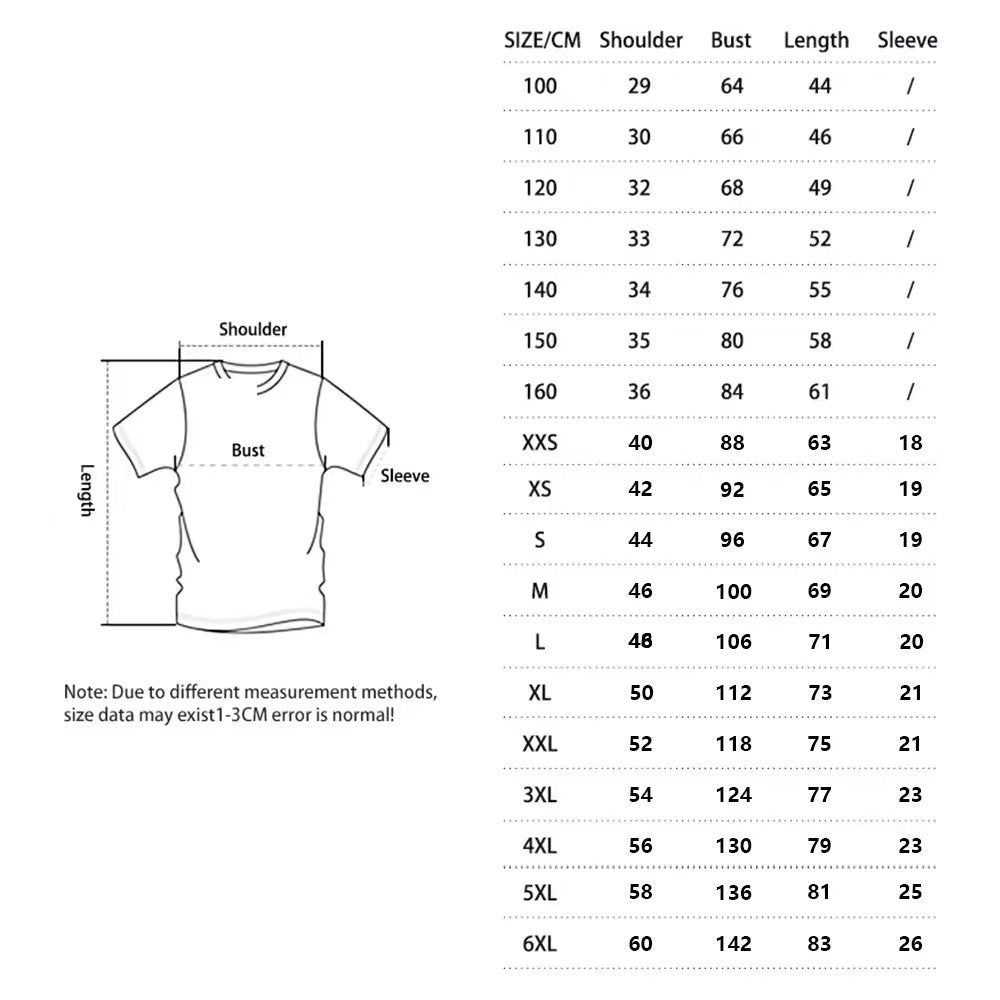 Size chart for a t-shirt with measurements in centimeters