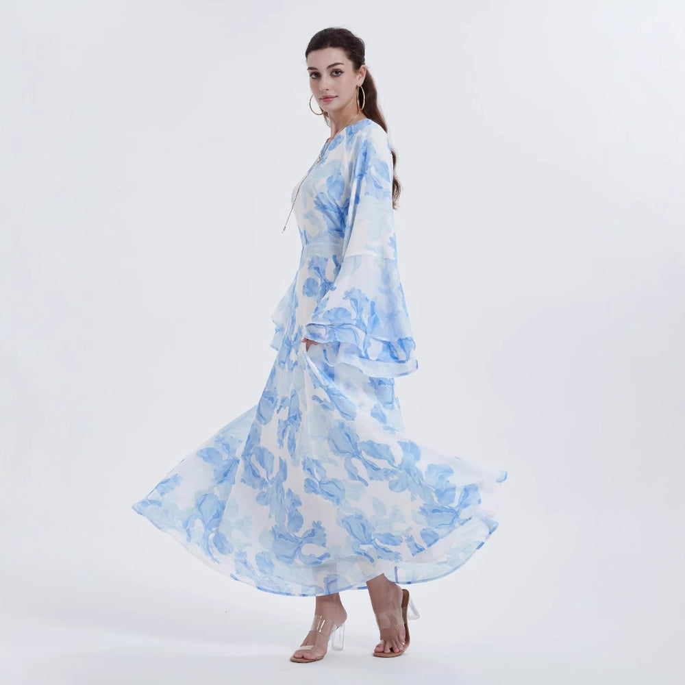 Muslim Chiffon Printed Bell Sleeve Dress - EX-STOCK Canada