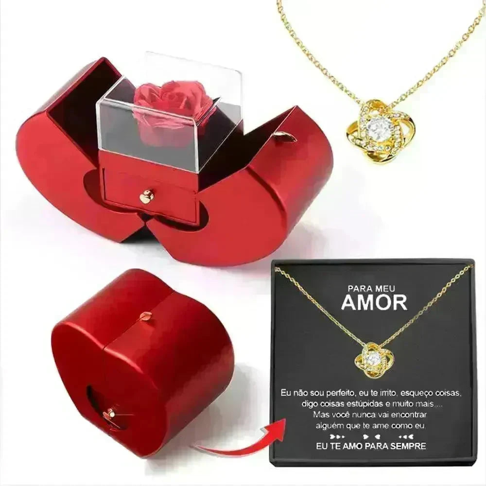 Fashion Jewelry Box Red Apple Christmas Gift Necklace Eternal Rose For Girl Mother's Day Valentine's Day Gifts With Artificial Flower Rose Flower Jewelry Box - EX-STOCK CANADA