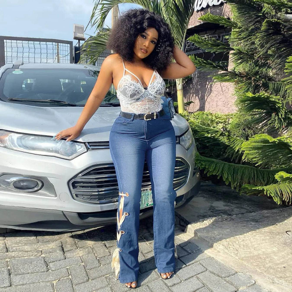 Solid Color Jeans Lace Up Bootcut Trousers - EX-STOCK Canada