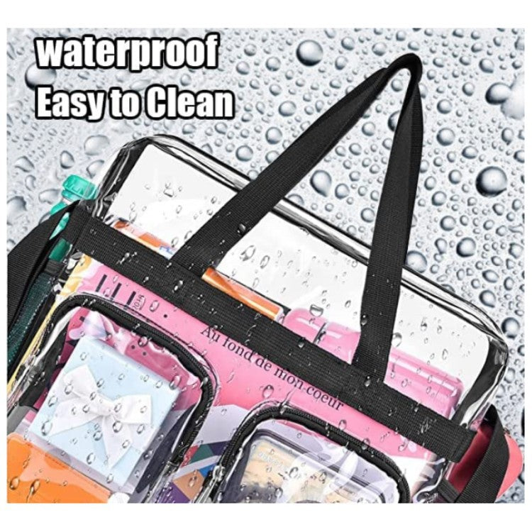 Clear waterproof bag with items inside, showing water droplets on surface