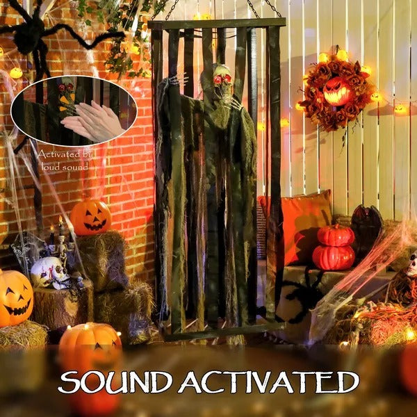 Animatronics Hanging Skeleton Reaper In Cage, Voice-Activated Prop With Flashing Eyes, Easy Setup Indoor EX-STOCK Canada 