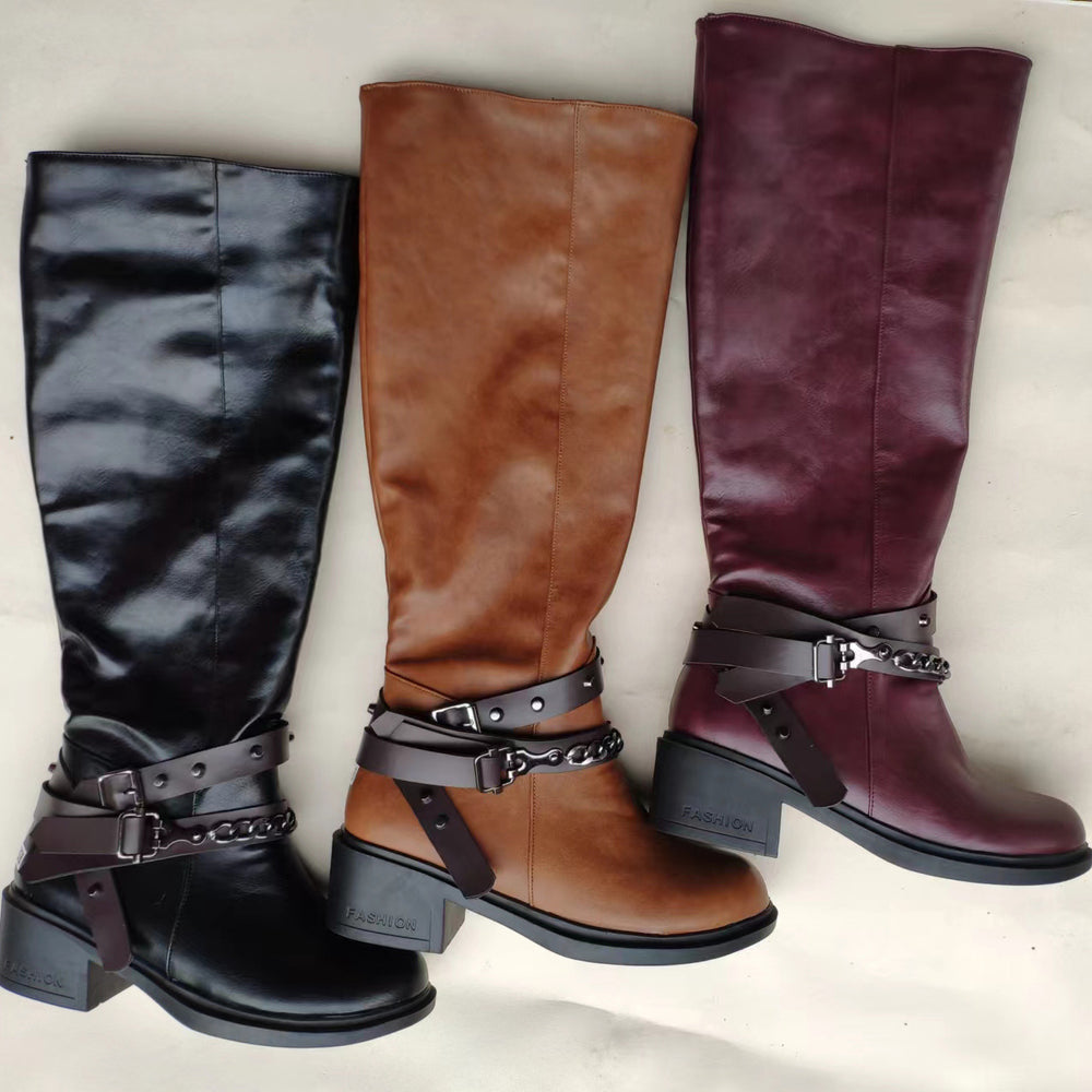 Three pairs of knee-high boots in black, brown, and burgundy with buckles on a light background.