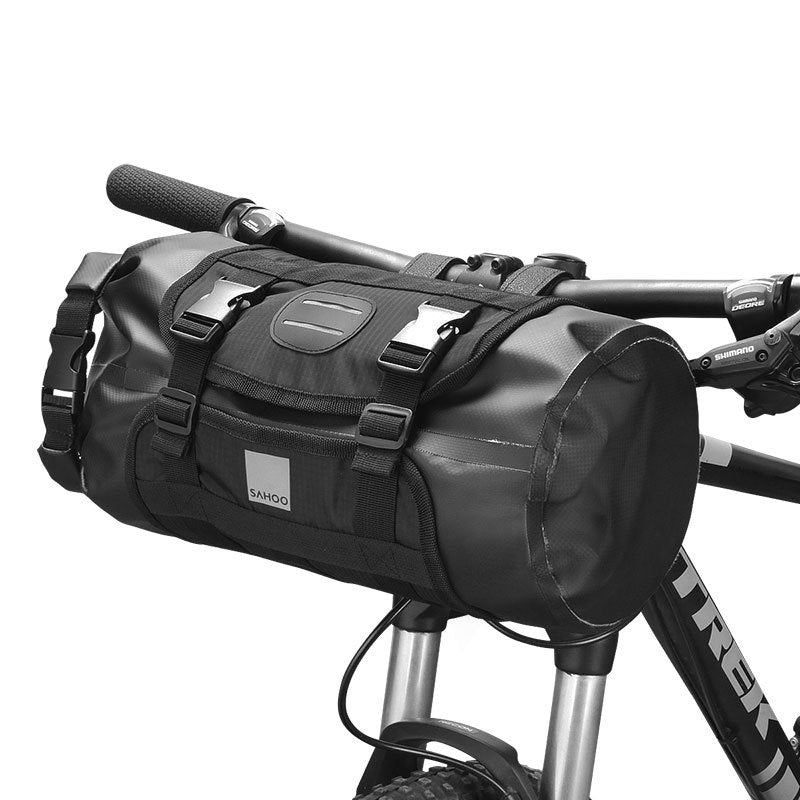 Black bicycle bag attached to a Trek bike frame on a white background