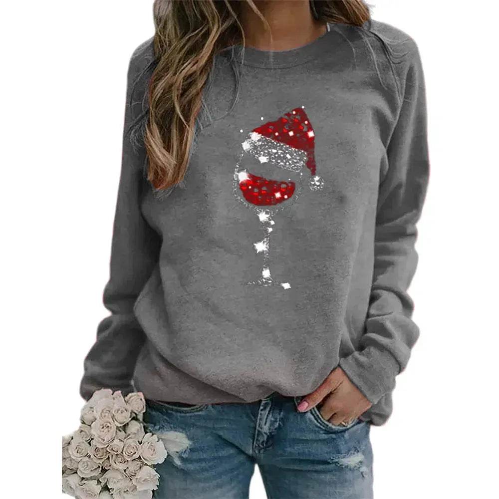 Clothing Christmas Women's Sweater Christmas Hat Red Wine Glass Graphic Print Crew Neck Long-sleeved Sweater - EX-STOCK Canada