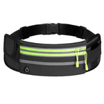 Black waist bag with reflective stripes and a green zipper on a white background