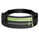 Black waist bag with reflective stripes and a green zipper on a white background
