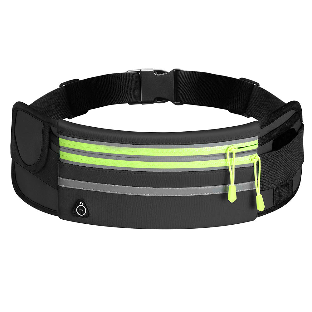 Black waist bag with reflective stripes and a green zipper on a white background