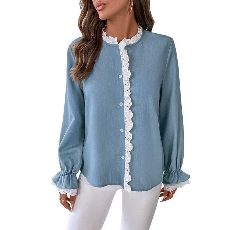 Elegant Single-breasted button Blue Shirt For Women - EX-STOCK Canada