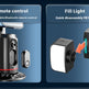 A promotional graphic showing a black cylindrical smart device with a small remote control on the left, labeled 'Remote control' and 'Detachable Bluetooth remote control,' and a separate square-shaped fill light component on the right, labeled 'Fill Light' and 'Quick disassembly fill light,' set against blue panels on a dark background.