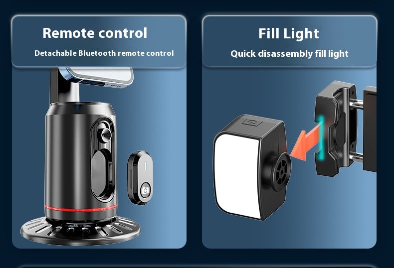 A promotional graphic showing a black cylindrical smart device with a small remote control on the left, labeled 'Remote control' and 'Detachable Bluetooth remote control,' and a separate square-shaped fill light component on the right, labeled 'Fill Light' and 'Quick disassembly fill light,' set against blue panels on a dark background.