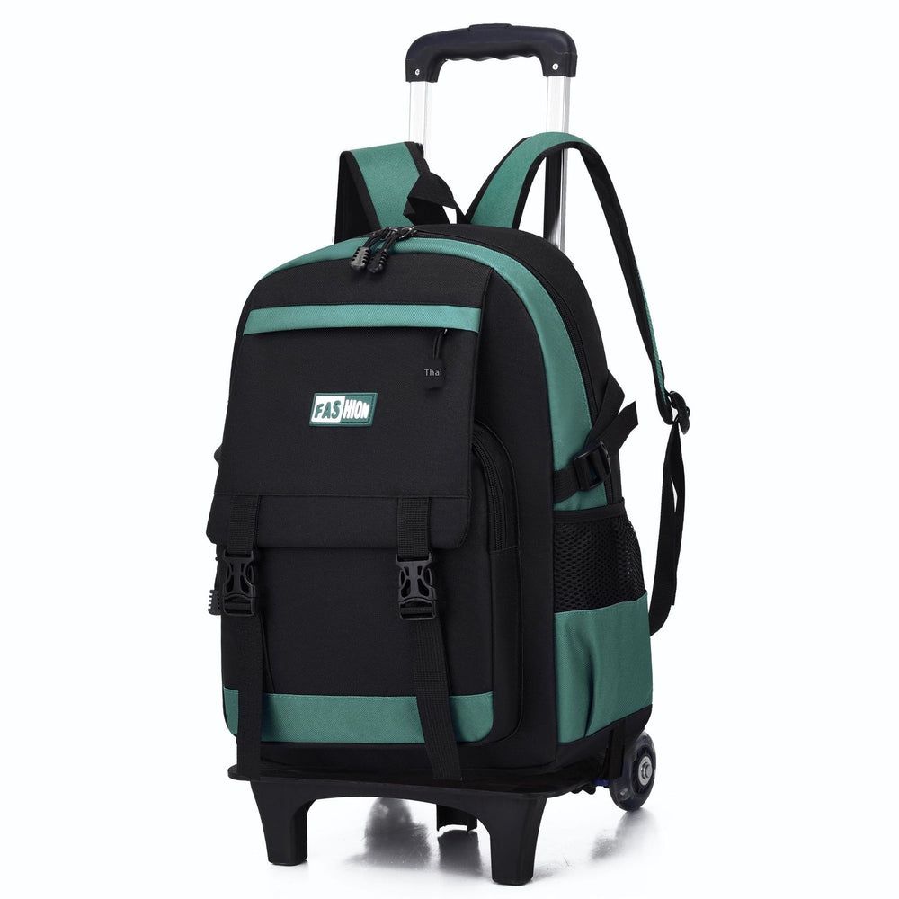 Black and green rolling backpack on a white background