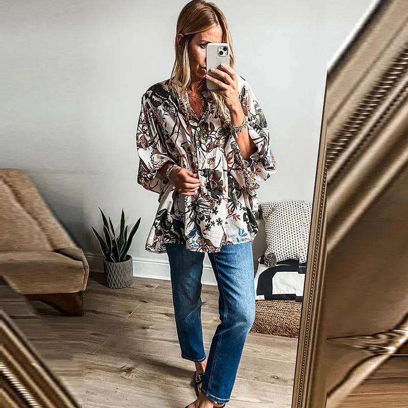 Spring Summer All-match Floral Print loose Linen blouse Shirt For Women - EX-STOCK CANADA