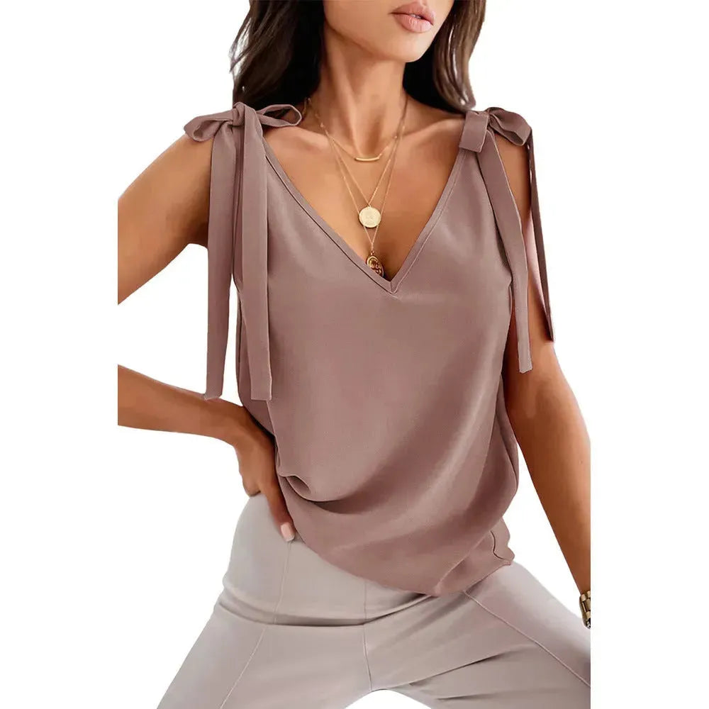 Bowknot Tie Up V-neck top Women Summer Sleeveless Blouse Tops - EX-STOCK CANADA