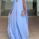 Pleated Chiffon Maxi Dress & Cape Two-piece Set – Light Blue & Red | One Size