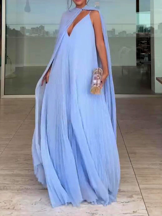 Pleated Chiffon Maxi Dress & Cape Two-piece Set – Light Blue & Red | One Size