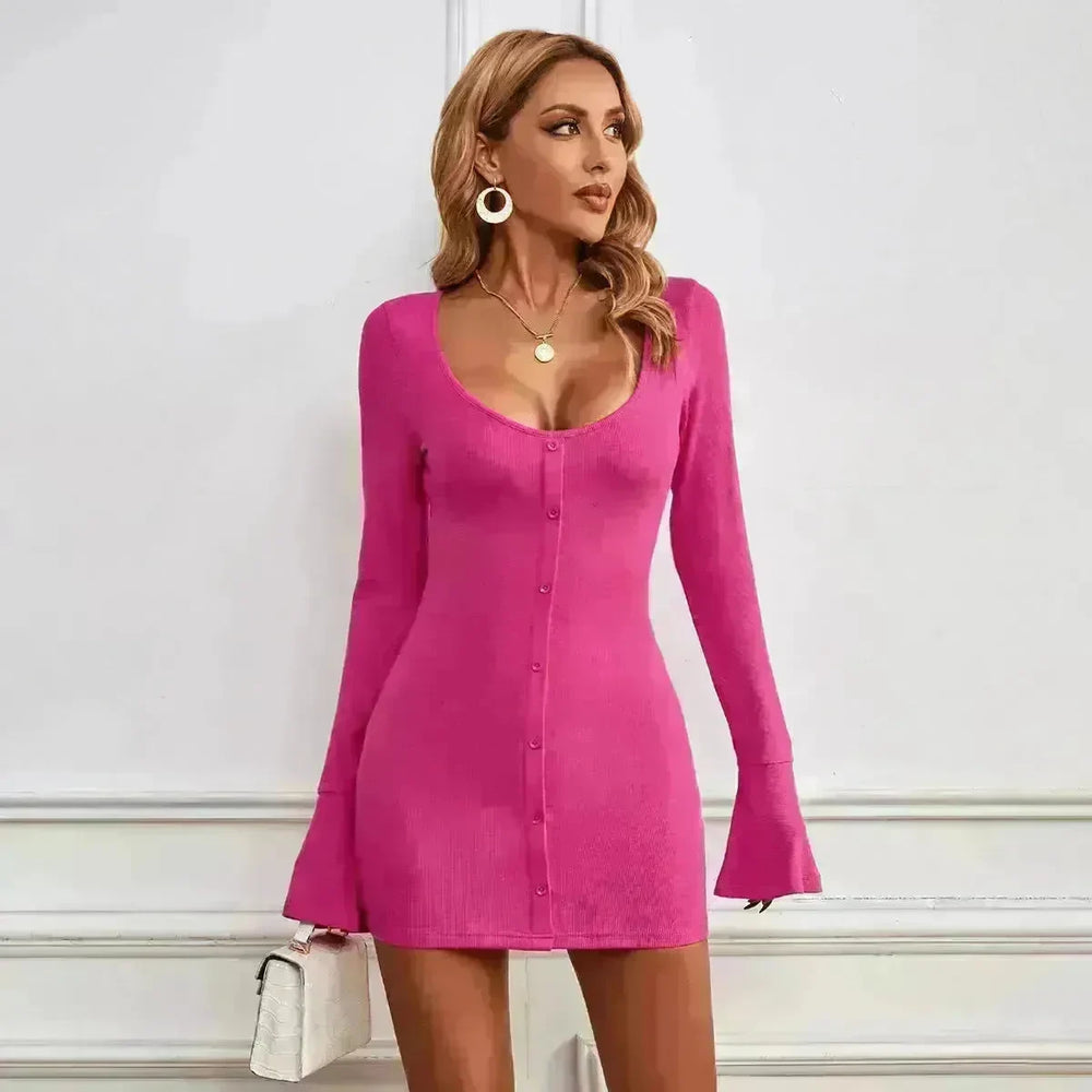 Chic Ladies Bodycon U-neck Long-sleeved Dress Charming Slim Hip-hugging Short Mini  Dresses  for Women - EX-STOCK CANADA