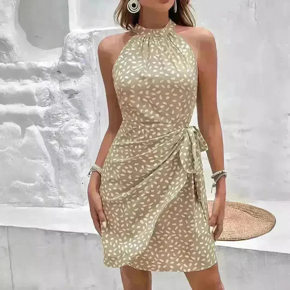 Casual Summer Halter neck Printed Dress With Tied Elegant Ladies High Neck Mini Dress. - EX-STOCK CANADA