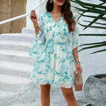 Casual Summer Chiffon Floral Print Short Sleeves Dress Lace Up Ruffles Design Fashion V-neck Short Mini Dresses Womens Clothing - EX-STOCK CANADA