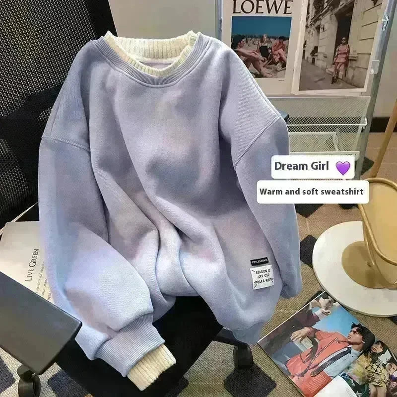 Women Round-neck With Fleece Lining Thick Fake Two Pieces Long Sleeve Loose Hoodie Sweatshirt - EX-STOCK CANADA