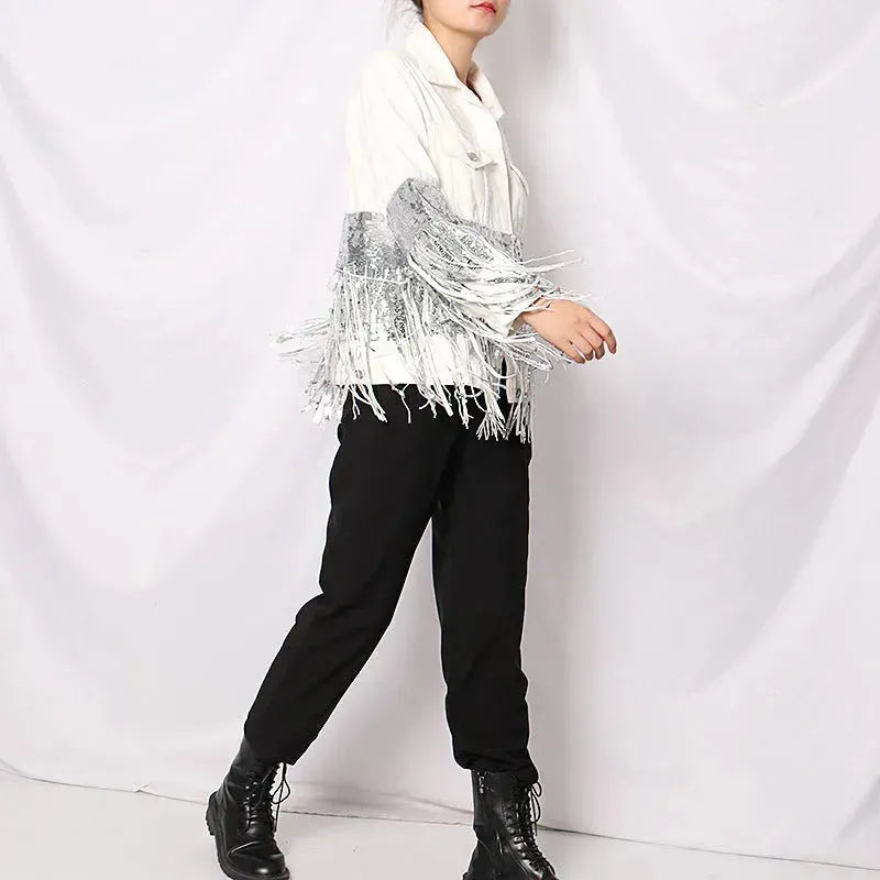 Lapel Pocket Heavy Industry Sequins Tassel  Loose Ripped Denim Jacket Women - EX-STOCK CANADA