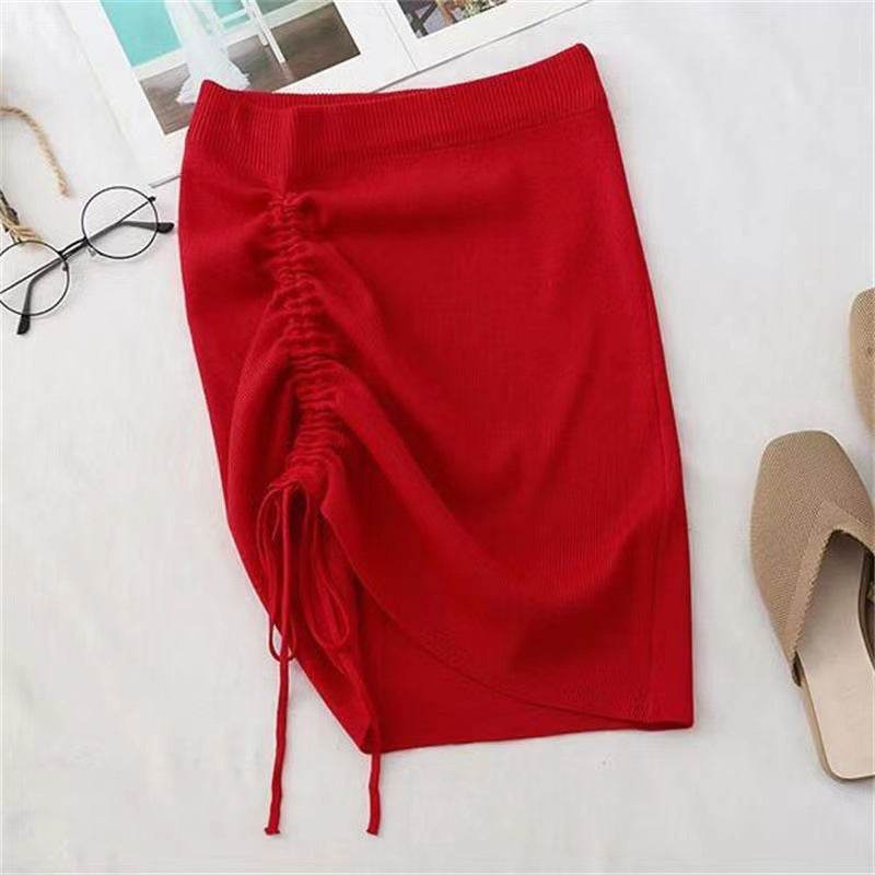 Hot Girl Hip Skirt Design High Waist With Straps Stretch Knitted Women's Mini Drawstring Split Skirt - EX-STOCK Canada
