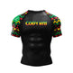 Black athletic shirt with colorful sleeves and 'CODY LYN' text on a white background