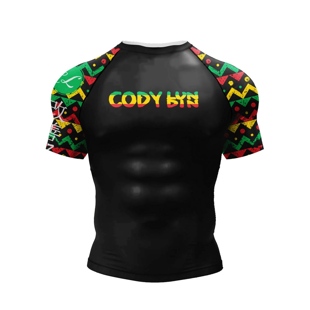 Black athletic shirt with colorful sleeves and 'CODY LYN' text on a white background
