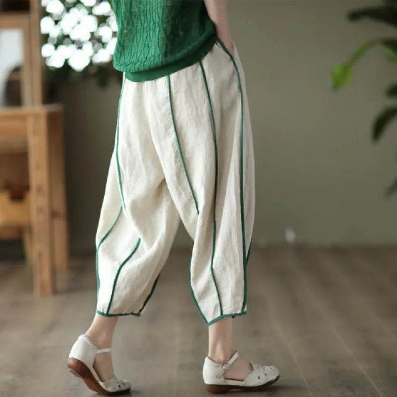 Summer Thin Striped Cotton And Linen Cropped trouser Pants For Women - EX-STOCK Canada