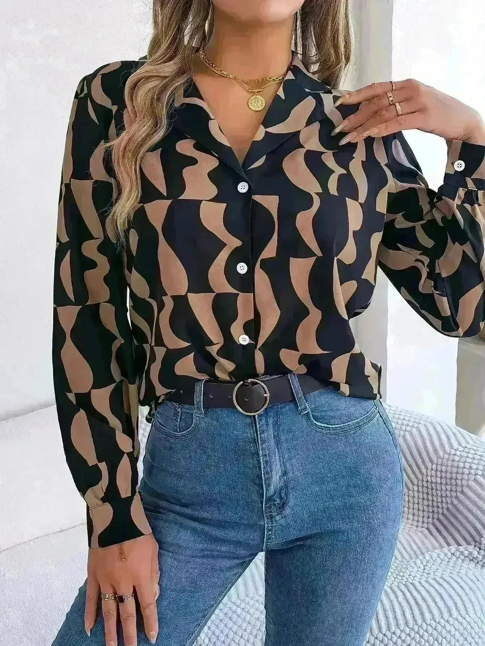 Commuting Elegant Contrast Color Striped Suit Collar Long Sleeve Shirt Formal Top for Women Office Wear Top - EX-STOCK CANADA
