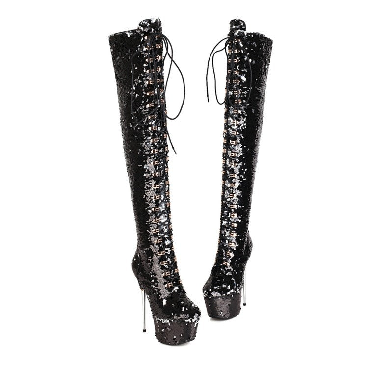 Black sequin knee-high boots on a white background