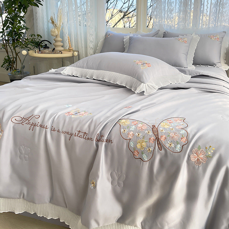 Korean Ice Silk Summer Quilt Four-piece Set Embroidery Lace Air Conditioning Cool Feeling Thin Duvet EX-STOCK Canada 