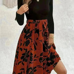Floral Print Long Sleeve Skirt Dress Fashion Round Neck Flared Dress for Women - EX-STOCK CANADA