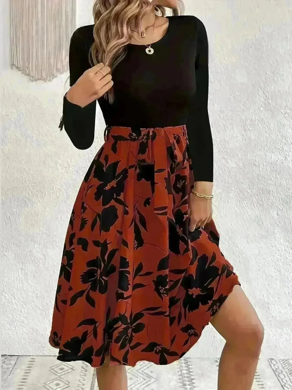Floral Print Long Sleeve Skirt Dress Fashion Round Neck Flared Dress for Women - EX-STOCK CANADA