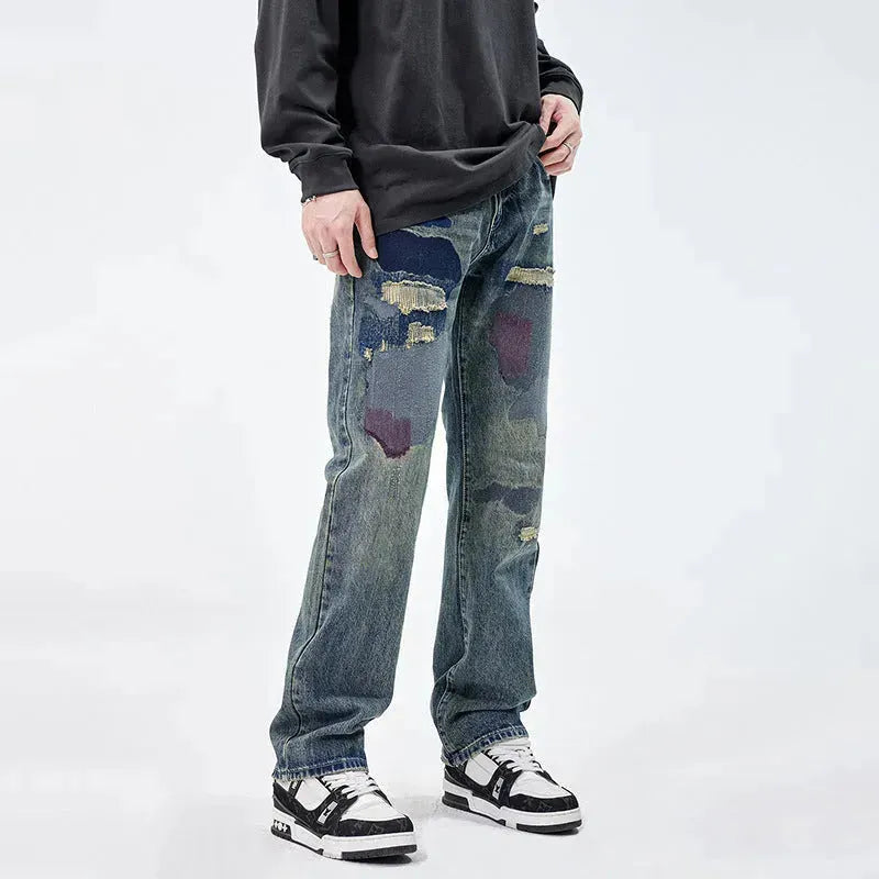 American Style Loose Broken Patch Straight Retro Denim Jeans pant Trousers Men - EX-STOCK CANADA