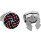 Cufflinks with red and black pattern on one side and silver geometric design on the other, on a white background.