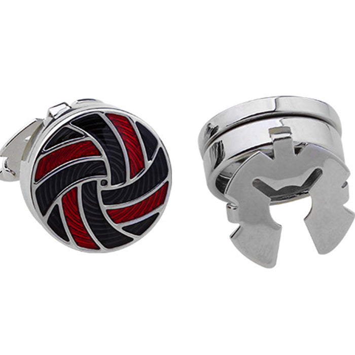 Cufflinks with red and black pattern on one side and silver geometric design on the other, on a white background.