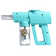 Turquoise spray gun with a clear container on a white background
