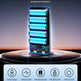 A promotional graphic for a portable power bank with a metallic blue and silver body, shown standing on a circular platform. The image includes marketing text about heavy protection and fast charging, plus a feature icon panel at the bottom detailing protections like overcharge, overcurrent, short circuit, and temperature protection.