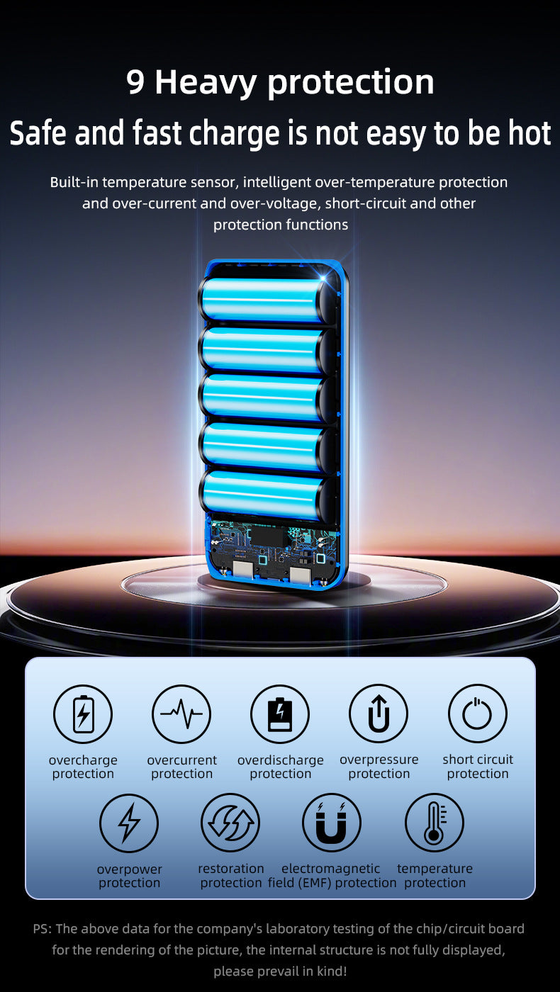 A promotional graphic for a portable power bank with a metallic blue and silver body, shown standing on a circular platform. The image includes marketing text about heavy protection and fast charging, plus a feature icon panel at the bottom detailing protections like overcharge, overcurrent, short circuit, and temperature protection.